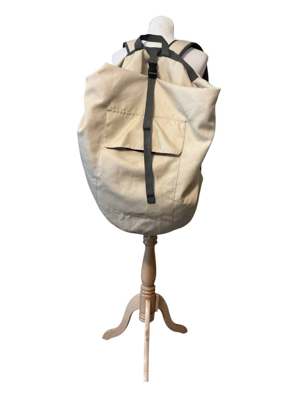 Canvas Roll-Top Backpack in Beige with Black Straps